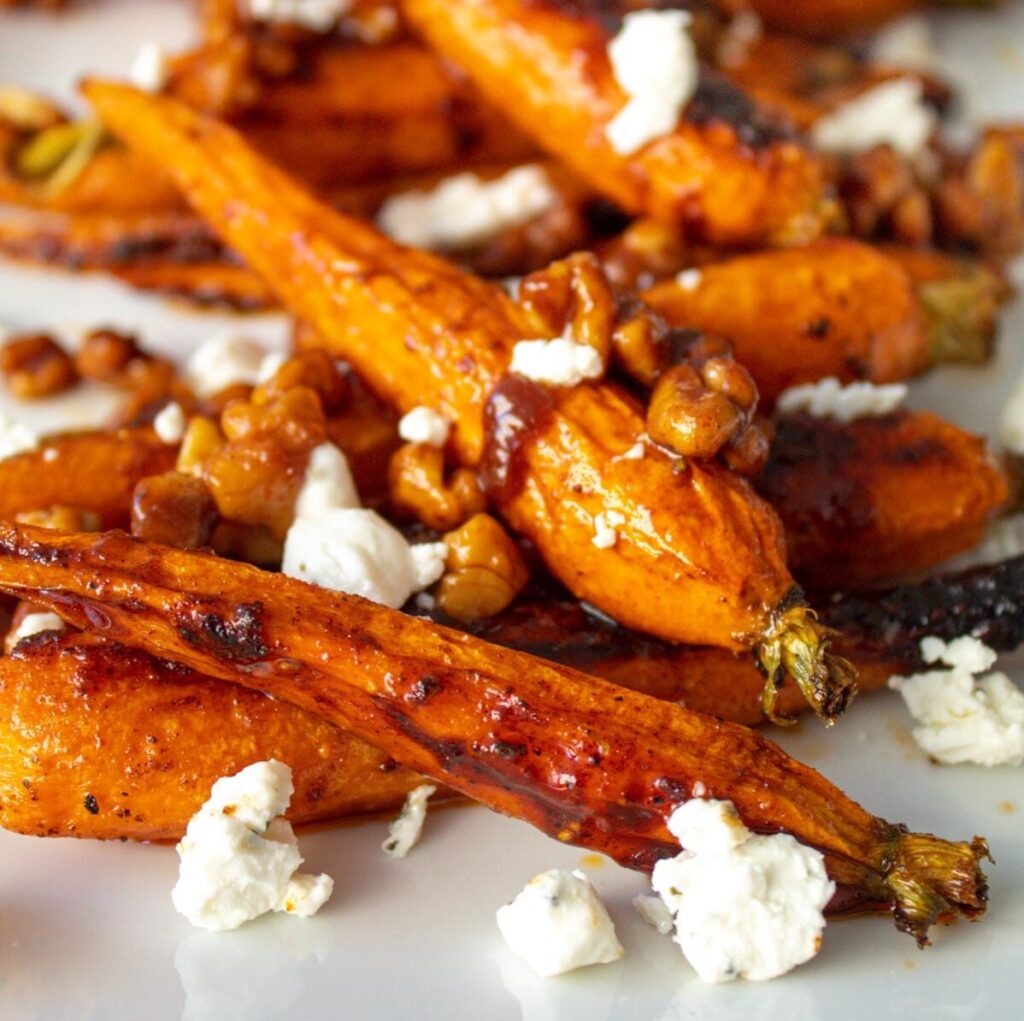 Roasted Carrots with Candied Walnuts and Goat Cheese Crumbles