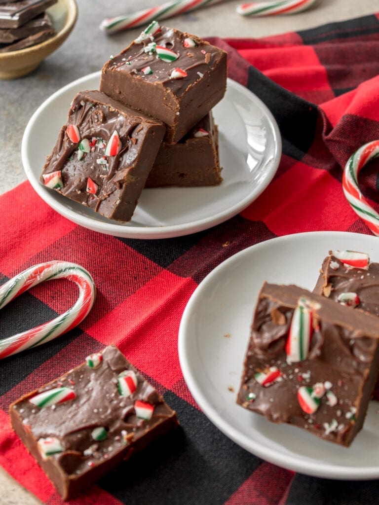 fudge on plate with candy canes
