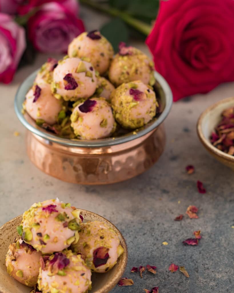 rose and pistachio truffles with roses